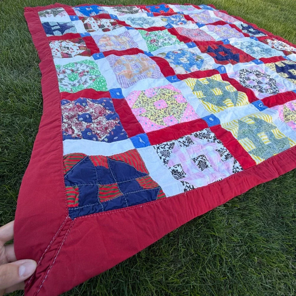 B+ Handmade Patchwork Quilt Churn Dash Scrap Floral Red Blue White 66x65 Vintage
